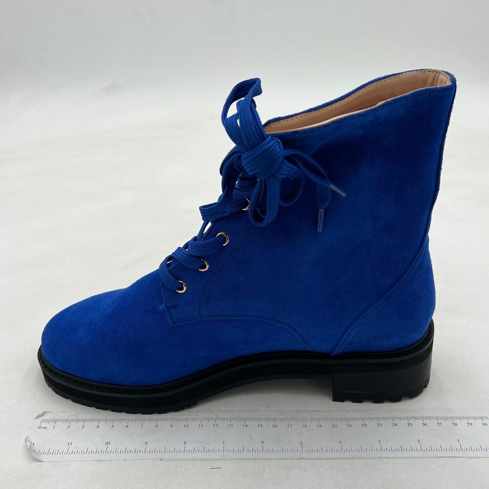 Blue Women Comfort Round Toe Lace up Combat Booties Chunky Low Heel Ankle Boots